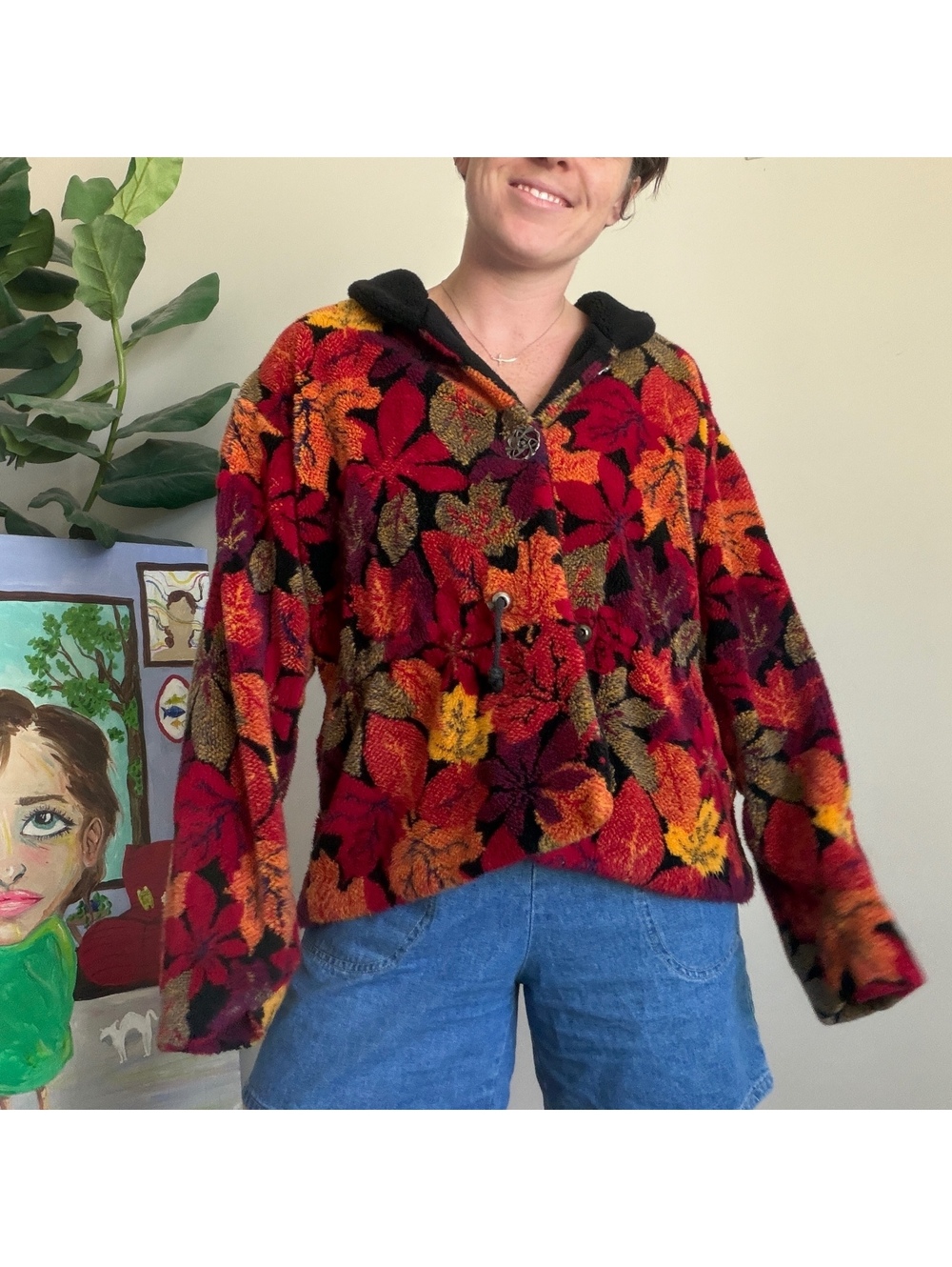 Vintage 90s leaf jacket red leaf print fleece jacket